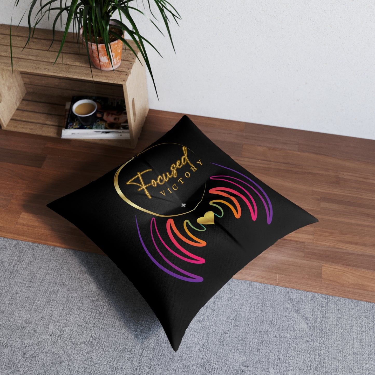 Focused Victory, Meditation Floor Pillow, Square, visualization/black